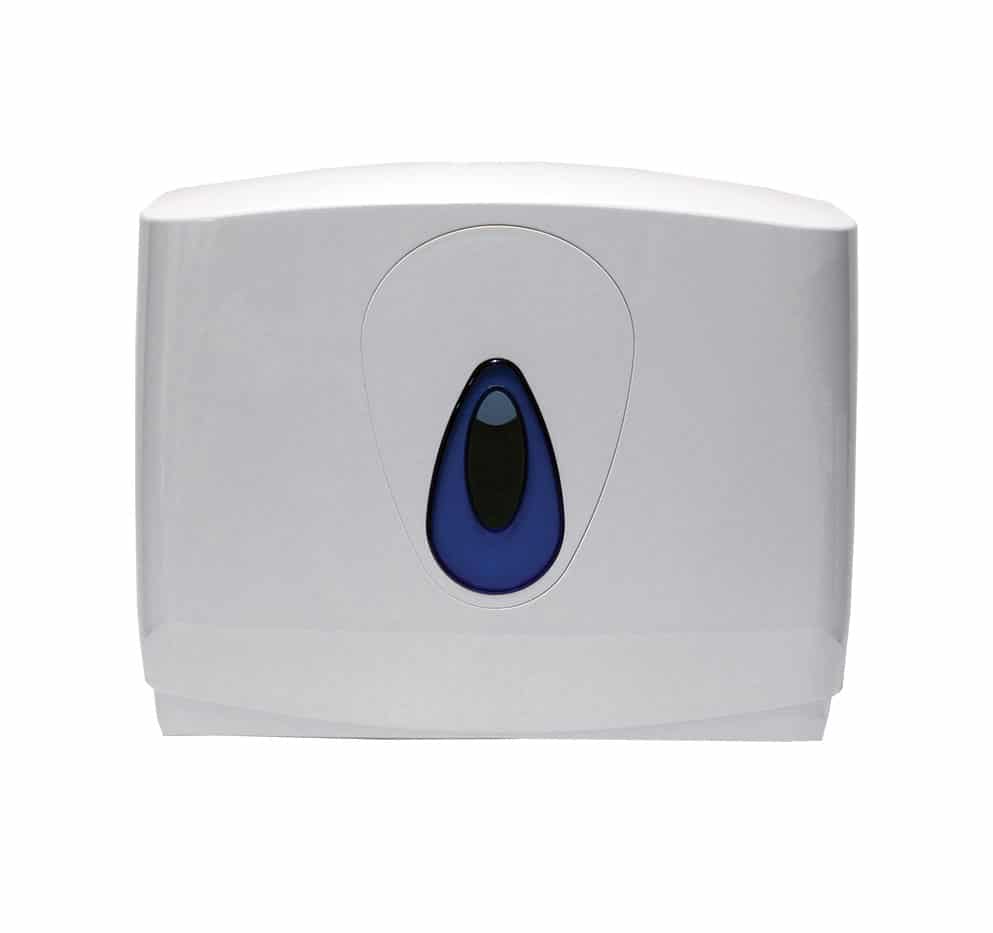Small White Plastic Hand Towel Dispenser. Made from tough ABS plastic. Holds two stacks (max height 360mm). Optional adaptor plates are available for narrow towels or recycled towels.