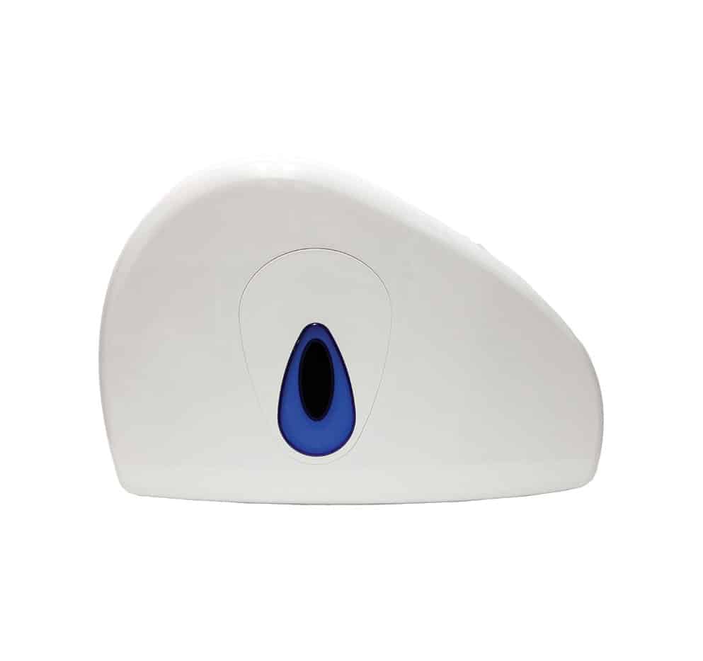 8" White Plastic Double Mini Jumbo Toilet Roll Dispenser. Lockable toilet roll dispenser with stub, perfect for higher traffic areas as it allows for a second roll to be added.