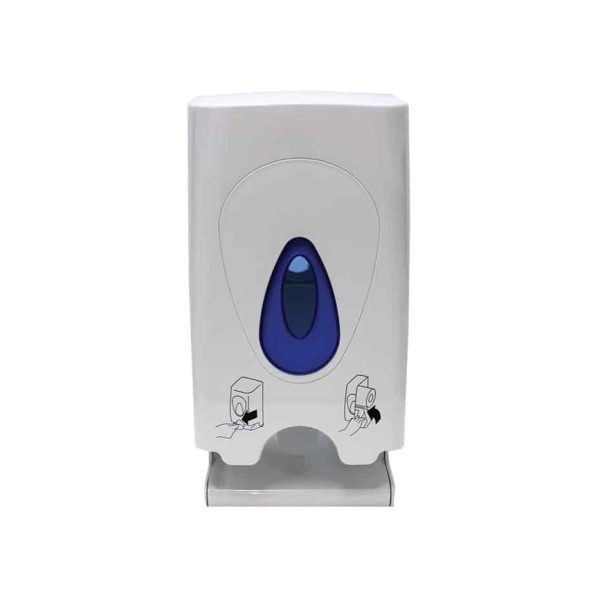 The modular twin toilet tissue dispenser holds two roles of standard toilet tissue. Its clever internal mechanism makes it easy to use, to restock and to maintain.