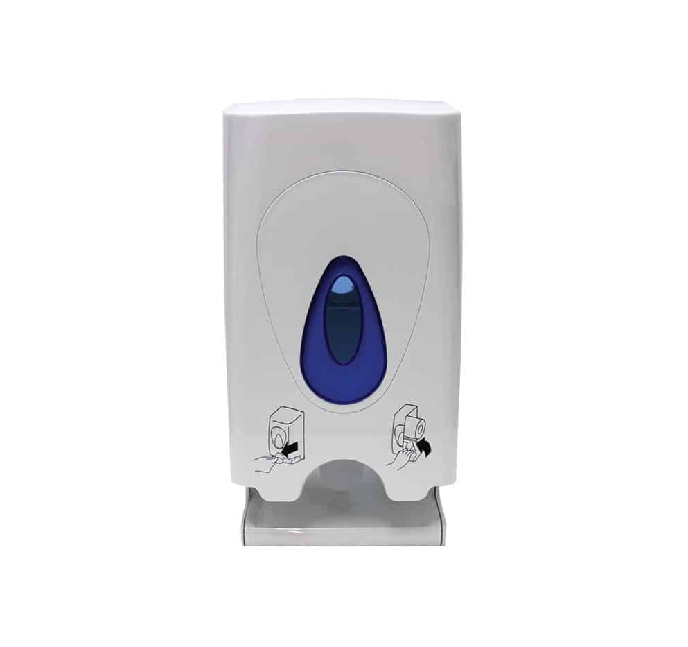 The modular twin toilet tissue dispenser holds two roles of standard toilet tissue. Its clever internal mechanism makes it easy to use, to restock and to maintain.
