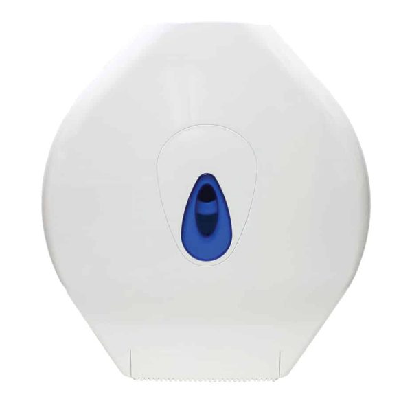 12" White Plastic Mini Jumbo Toilet Roll DispenserPerfect for high traffic areas. Key lockable and made from robust ABS plastic. The translucent teardrop allows easy monitoring of paper levels. Reversible spigot fits different roll-core diameters.