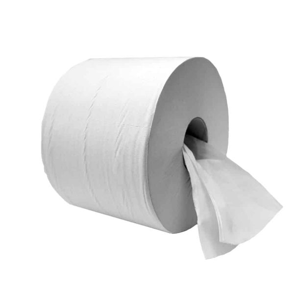 Mini Centre Feed Toilet Tissue roll. This small-sized toilet tissue roll is designed for convenience and efficiency. It features perforated sheets suitable for various restroom needs.